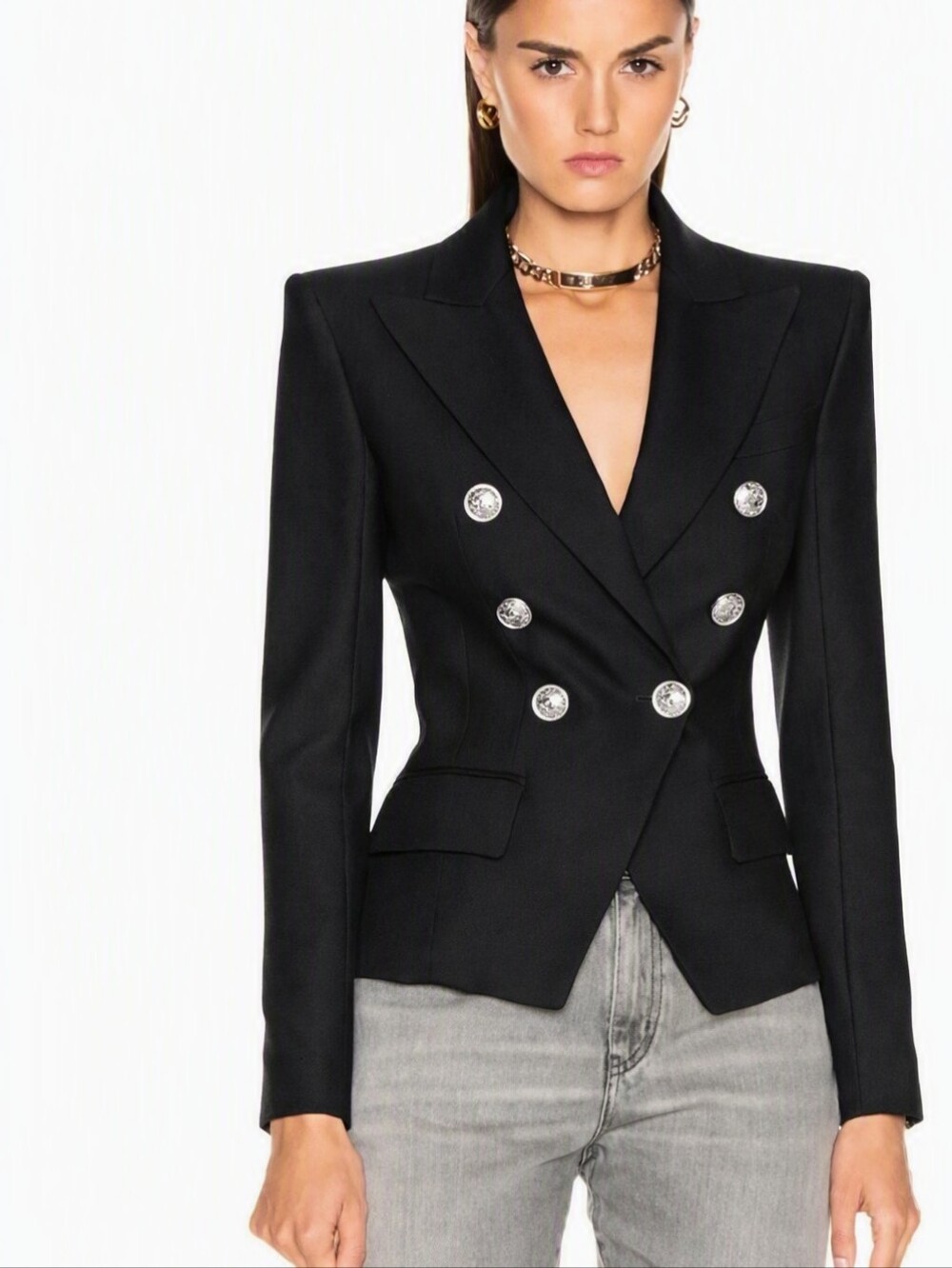 Balmain Double Breasted 6 Button Blazer Black/Silver Button Size 2 (Approx.)